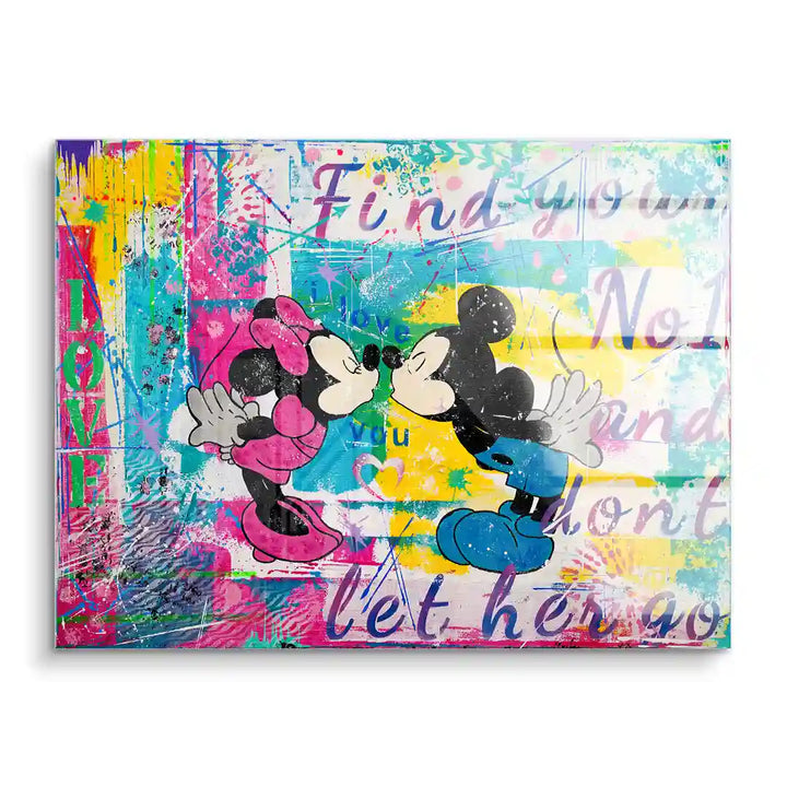Buntes Wandbild im Pop Art Stil mit Comic-Maus-Paar, Liebesmotiv, Acryl auf Leinwand