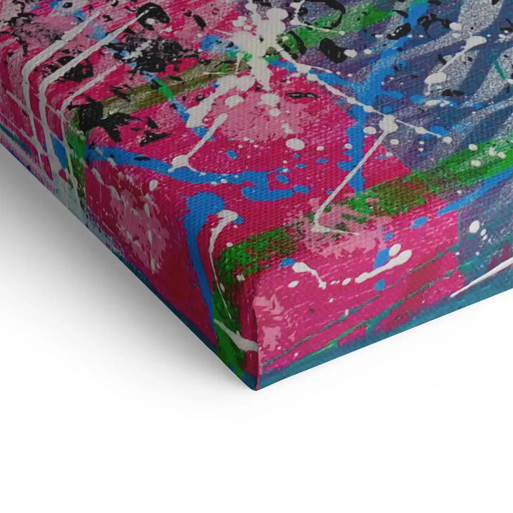 Detailansicht modernes, buntes Wandbild auf Leinwand mit Farbklecksen in Pink, Blau und Grün