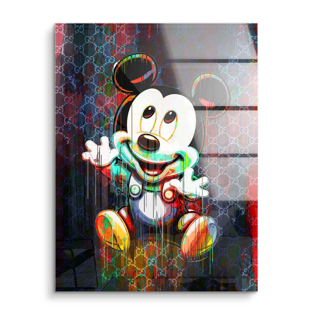 Pop Art Wandbild Baby-Maus Comicfigur auf buntem Gucci-Muster, Acrylglas, modern