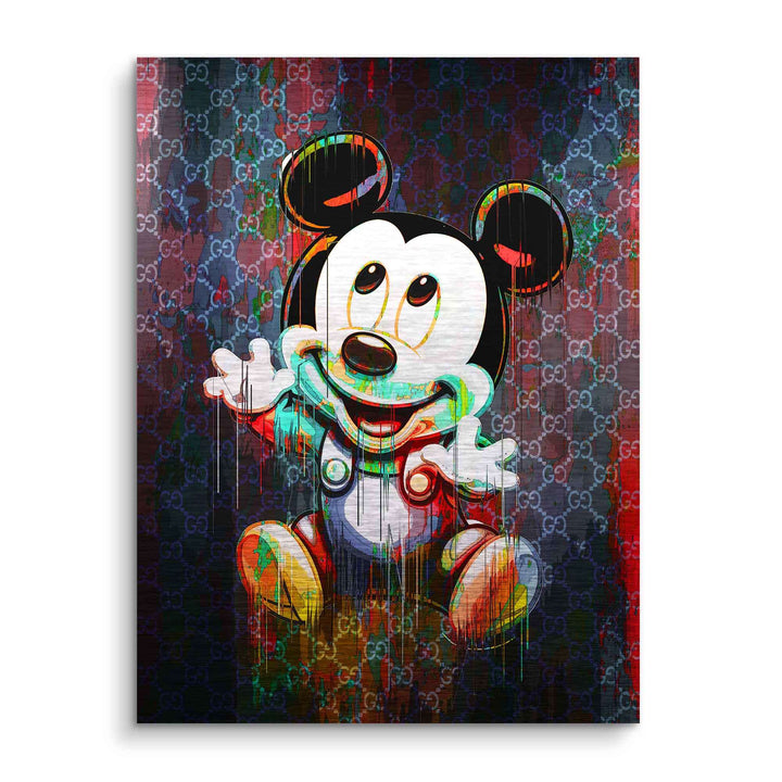 Buntes Wandbild mit Comic-Maus im Baby-Stil vor Gucci-inspiriertem Muster, Pop Art Design