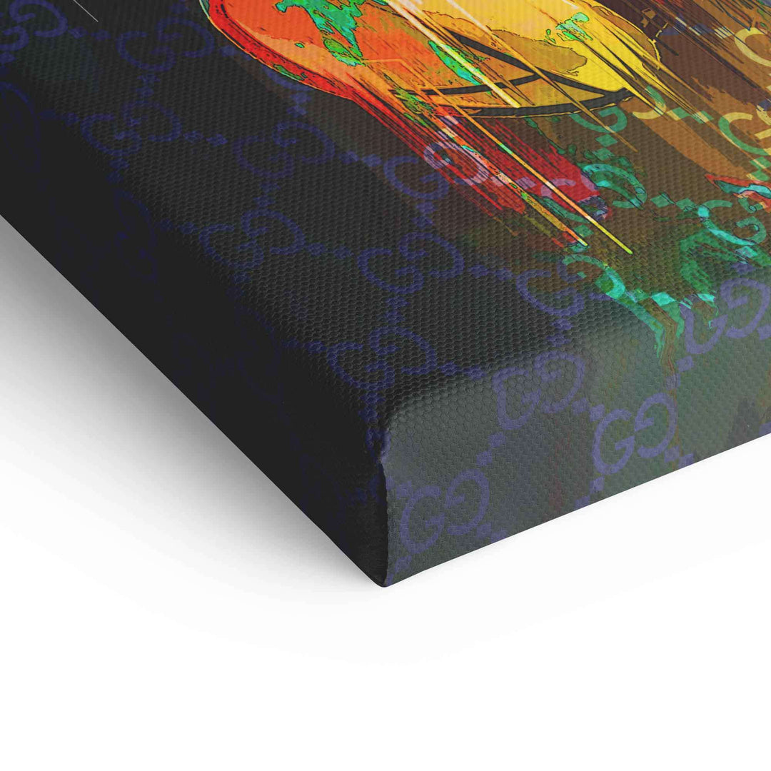 Detail Leinwand-Wandbild mit buntem Comic-Motiv und elegantem Monogramm-Hintergrundmuster
