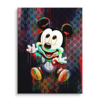Modernes Leinwandbild mit Comic-Motiv Baby Micky Maus und buntem Muster-Hintergrund