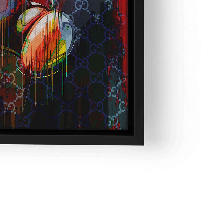 Modernes Wandbild mit Comic-Maus und buntem Muster im Street-Art-Stil, Rahmen schwarz