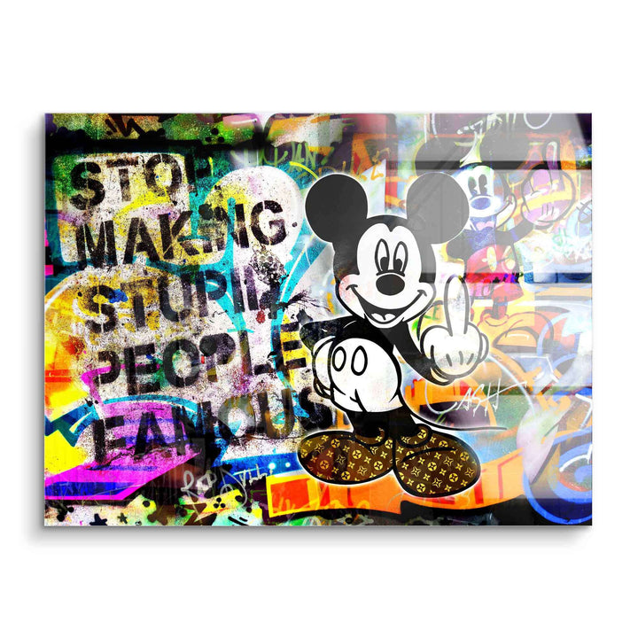 Wandbild mit Micky Maus im Graffiti-Stil, bunte Pop Art, Schriftzug Stop Making Stupid People Famous