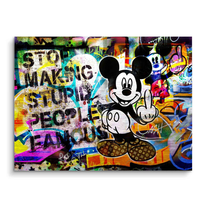 Wandbild mit Micky Maus im Pop Art Graffiti Stil, bunte Streetart, Schriftzug Stop Making Stupid People Famous