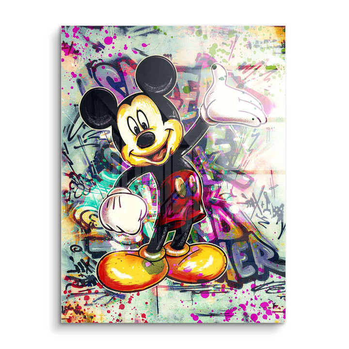 Wandbild mit Micky Maus als Graffiti auf Acrylglas, bunte Pop Art Comic Kunst
