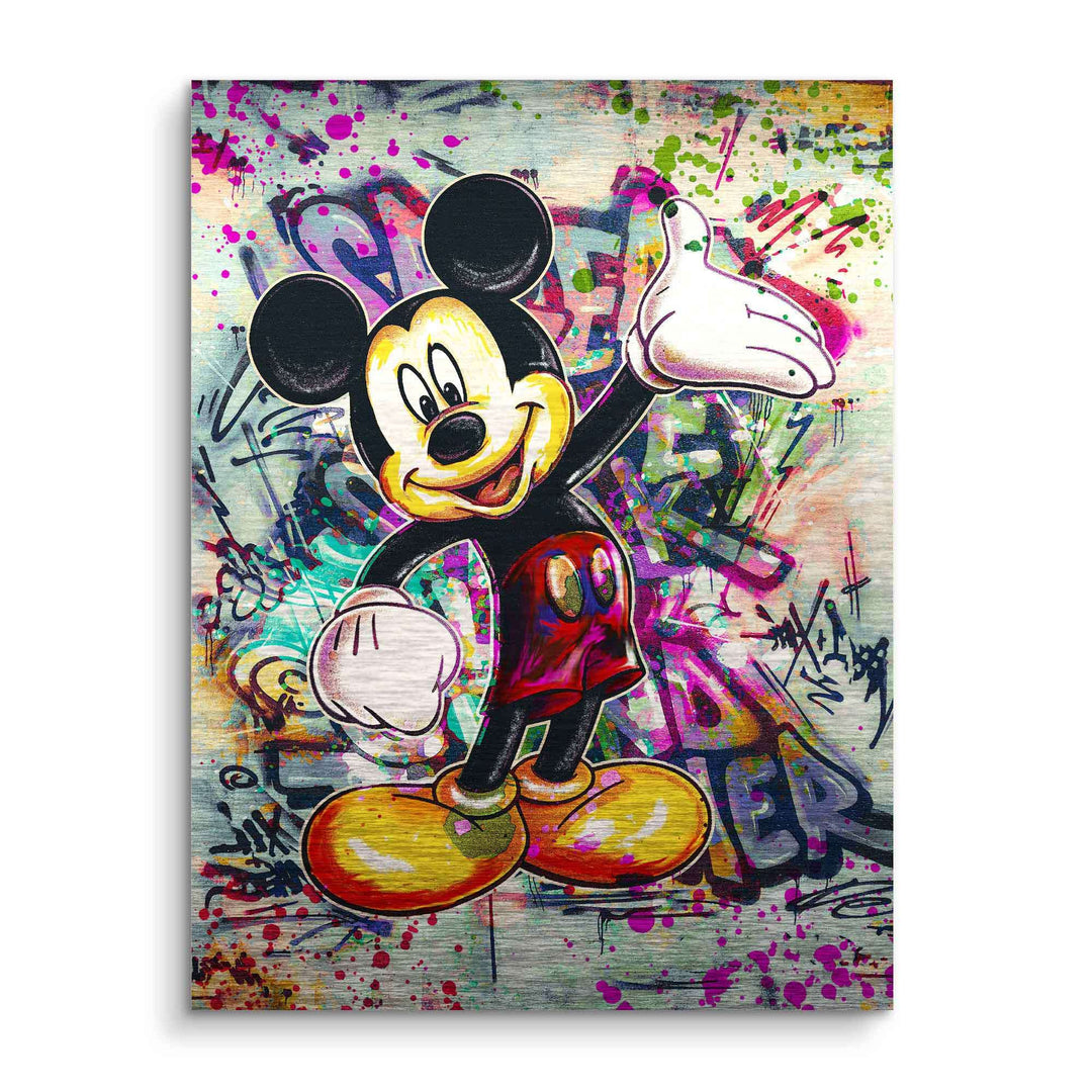 Micky Maus Wandbild im Graffiti-Stil mit bunten Spritzern und Comic-Kunstmotiv