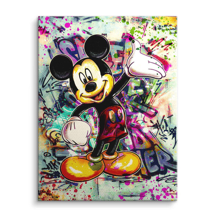 Wandbild Comic Maus im Graffiti-Stil mit buntem, spritzigem Hintergrund auf Leinwand