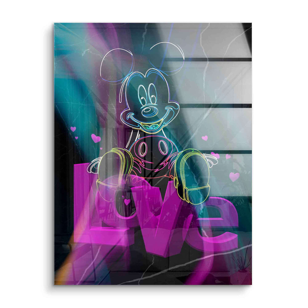 Modernes Acrylglas-Wandbild mit bunter Comic-Figur und pinkem Love-Schriftzug