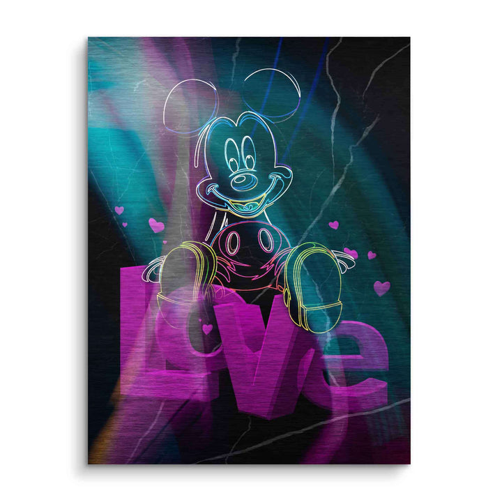 Pop Art Wandbild mit gezeichneter Micky Maus, neonfarben, LOVE-Schriftzug, bunte Herzen