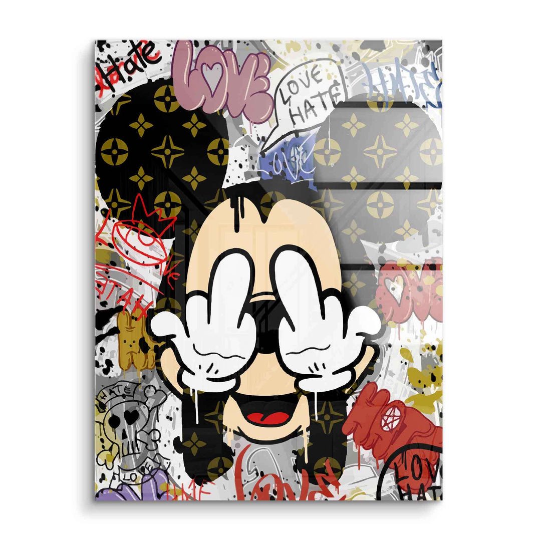Modernes Comic Wandbild mit Maus, Graffiti-Schriftzug Love Hate und Pop Art Elementen