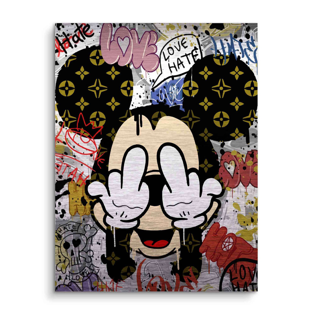 Comic Wandbild mit Graffiti-Stil, Micky Maus, Love Hate Schriftzug, poppige Farben