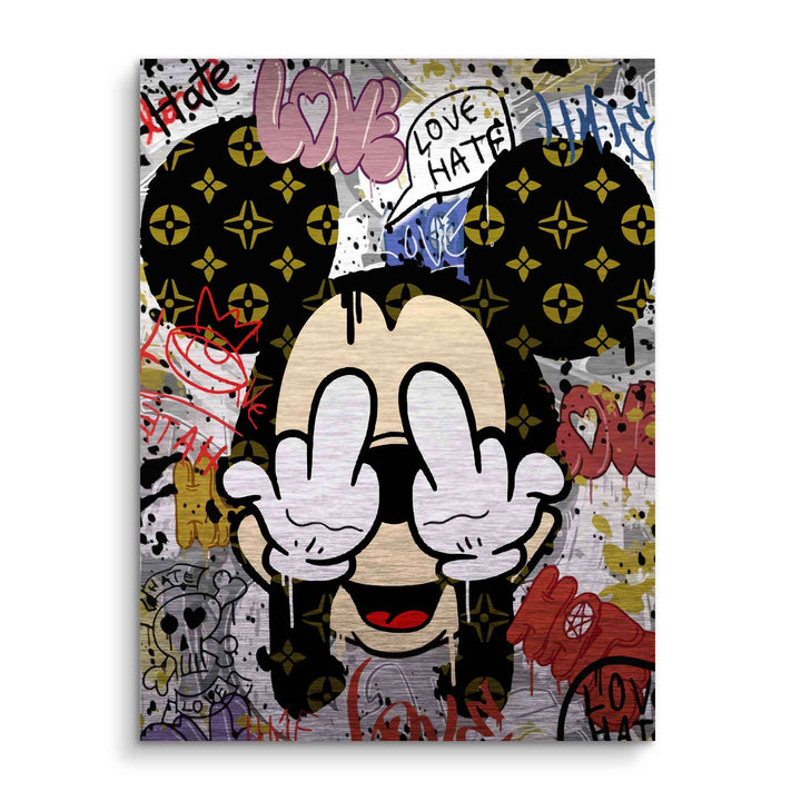 Comic Wandbild mit Graffiti-Stil, Micky Maus, Love Hate Schriftzug, poppige Farben