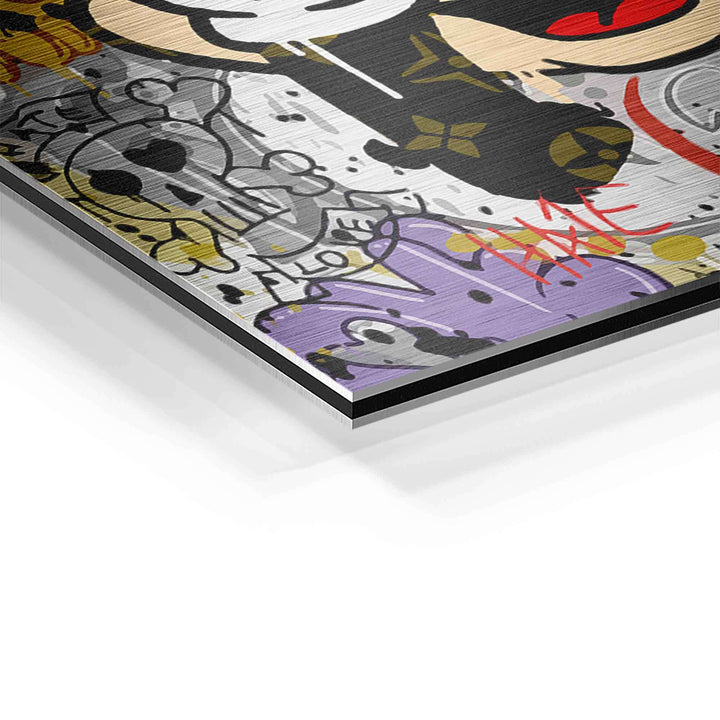 Detail eines Wandbilds mit Micky-Maus-Graffiti, Pop Art, Love Hate Schrift, bunte Streetart