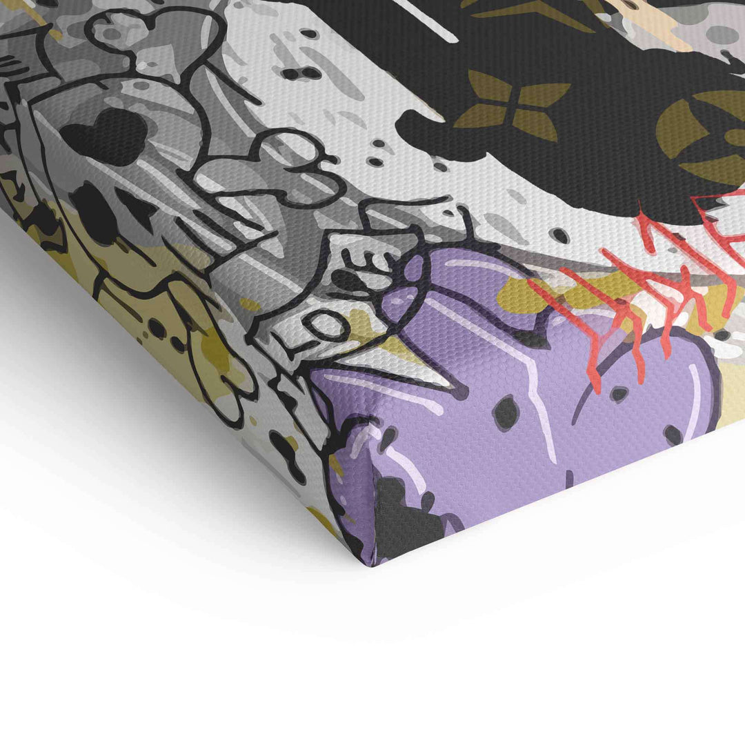 Detail eines bunten Pop Art Leinwandbilds mit Comic-Motiven, LOVE-Schriftzug und Graffiti-Elementen