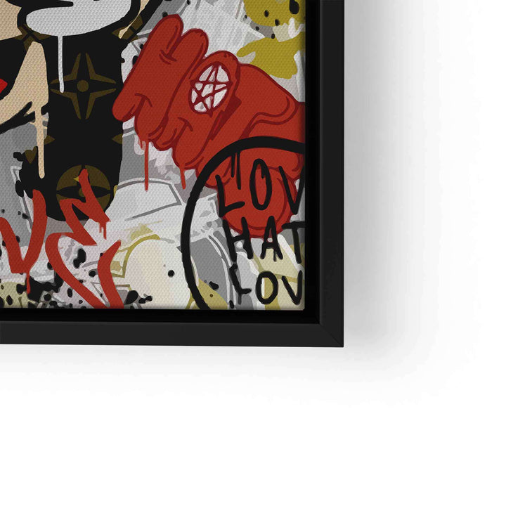 Modernes Pop Art Wandbild mit Comic-Motiv, Grafitti-Schriftzug Love Hate, bunte Farben
