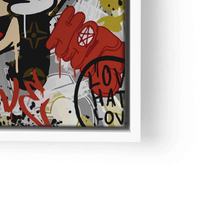 Modernes Wandbild mit Micky Maus, rotem Handmotiv und Graffiti-Schriftzug Love Hate