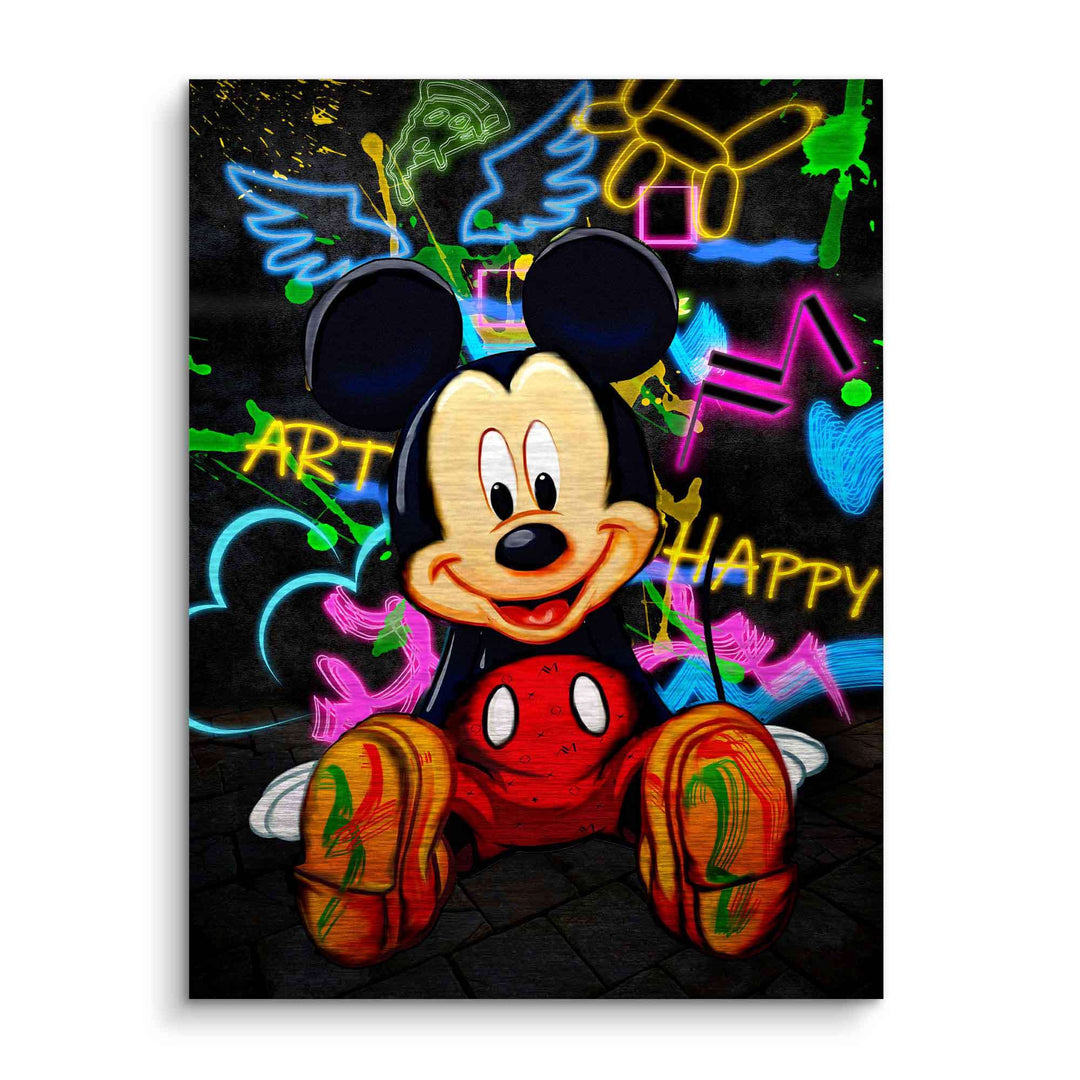 Comic-Wandbild mit Micky Maus Motiv, Neon-Graffiti und bunten Streetart-Elementen