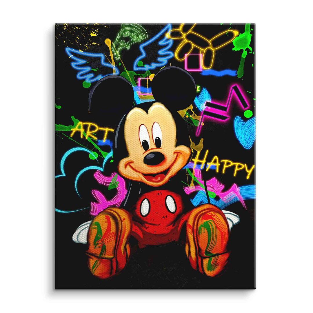 Pop Art Wandbild mit Maus-Figur, buntem Neon-Graffiti und Sprüchen wie Art und Happy