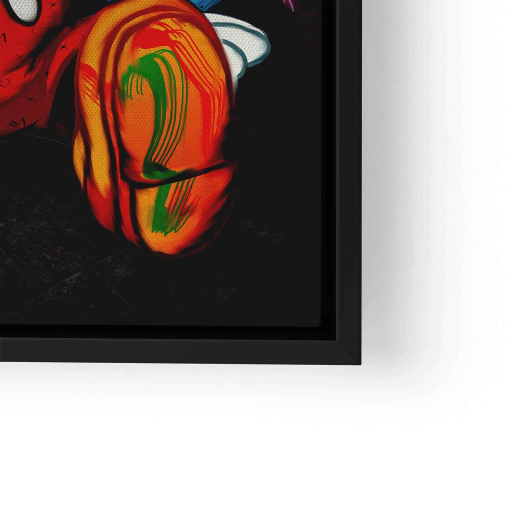 Pop Art Wandbild mit bunter, neonfarbener Comicfigur auf schwarzem Hintergrund in schwarzem Rahmen