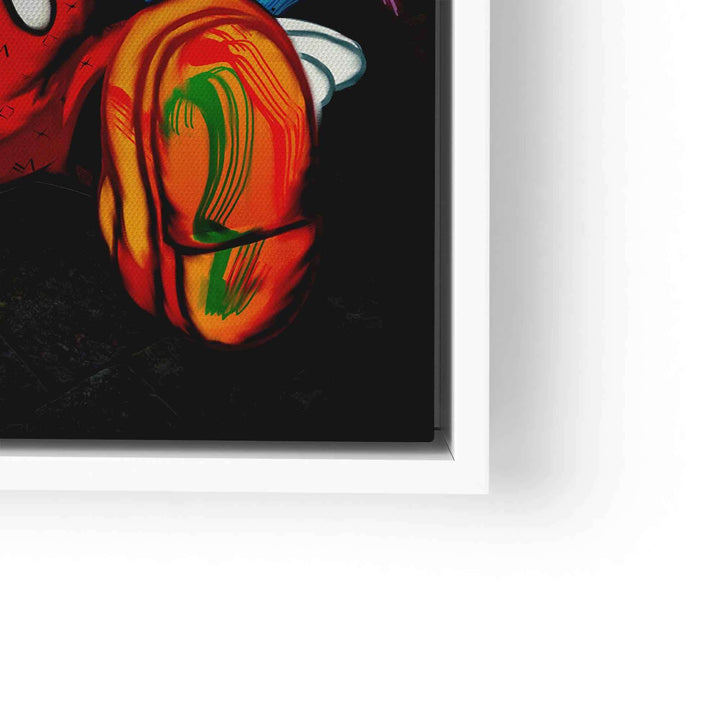 Detail eines bunten Comic-Wandbilds im Neon-Stil mit kräftigen Farben auf schwarzem Hintergrund