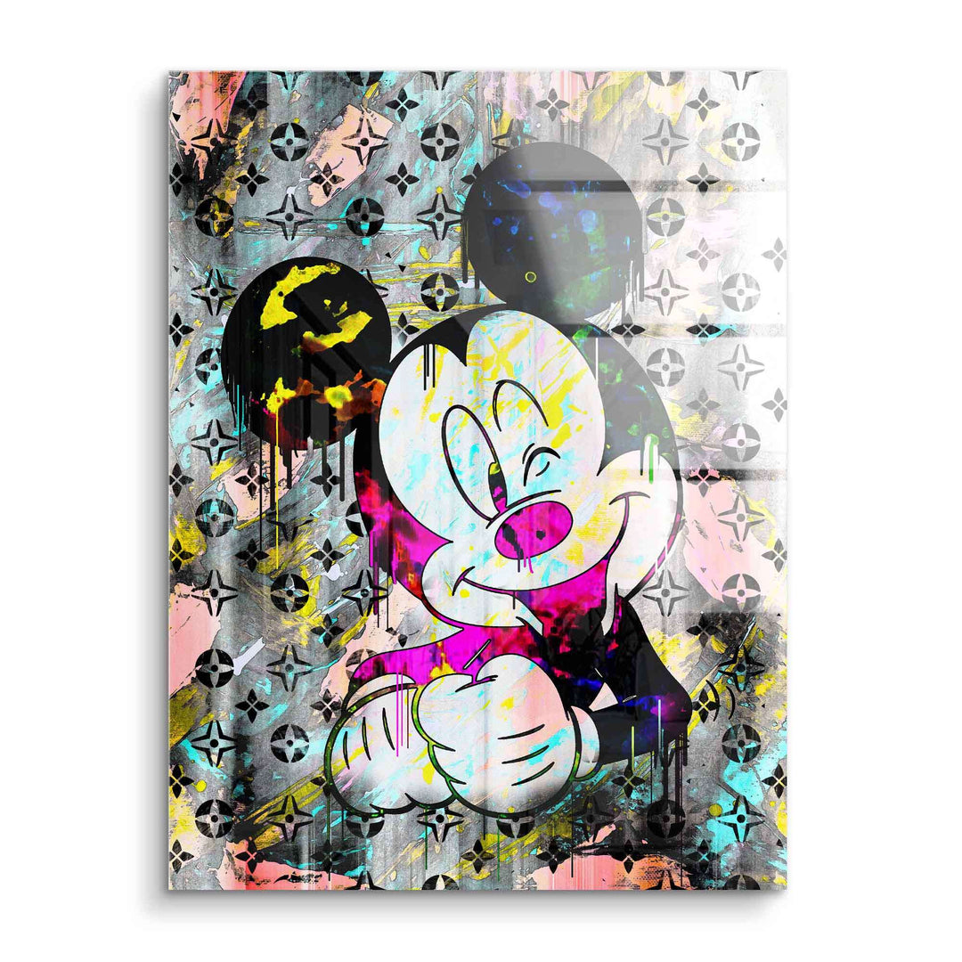 Modernes Acryl Wandbild eines Cartoon-Mäuserichs, Pop Art Stil mit buntem Graffiti-Hintergrund
