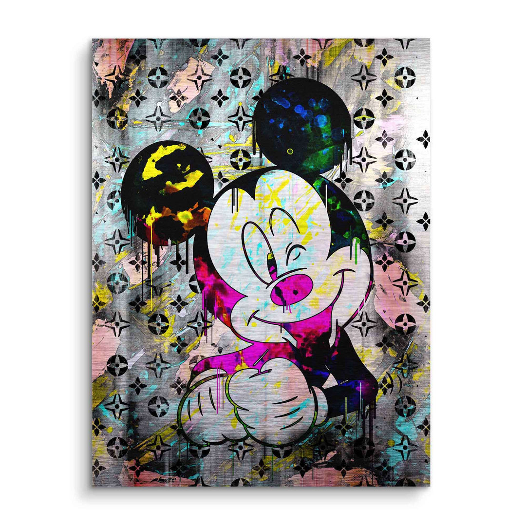 Wandbild mit zwinkernder Cartoon-Maus, bunte Pop Art auf gebürstetem Hintergrund, Graffiti-Stil