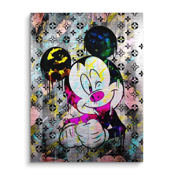 Wandbild mit zwinkernder Cartoon-Maus, bunte Pop Art auf gebürstetem Hintergrund, Graffiti-Stil