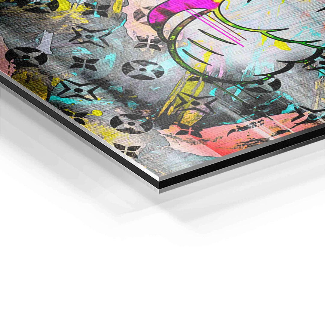 Detail eines bunten Wandbilds mit Comic-Hand im Pop Art Stil und abstrakten Graffiti Mustern