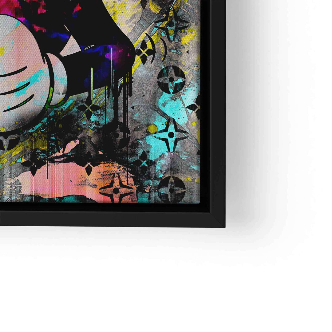 Buntes Wandbild auf Leinwand mit Comicfigur und modernem Pop Art Design im schwarzen Rahmen