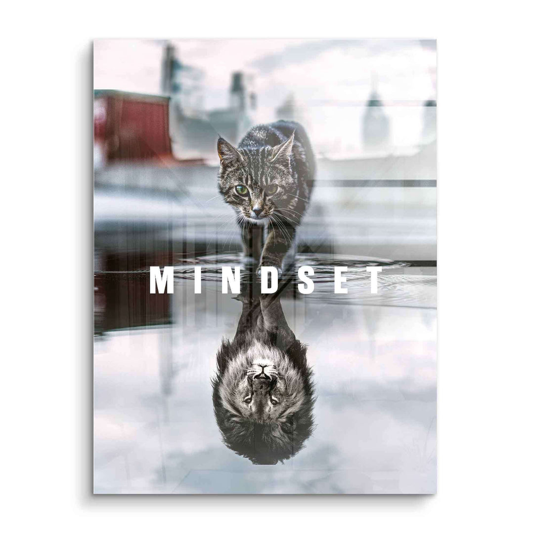 Motivations-Wandbild mit Katze, deren Spiegelbild ein Löwe ist, Text Mindset, Acrylbild