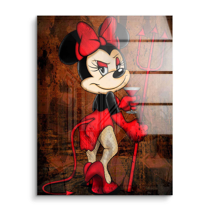 Comic-Maus als Teufel mit rotem Kleid, Dreizack und Cocktail auf Acryl-Wandbild