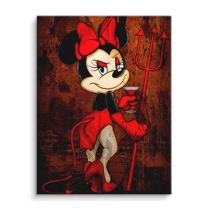 Pop Art Wandbild Cartoon-Maus als Teufel mit Dreizack und Cocktail auf rotem Hintergrund