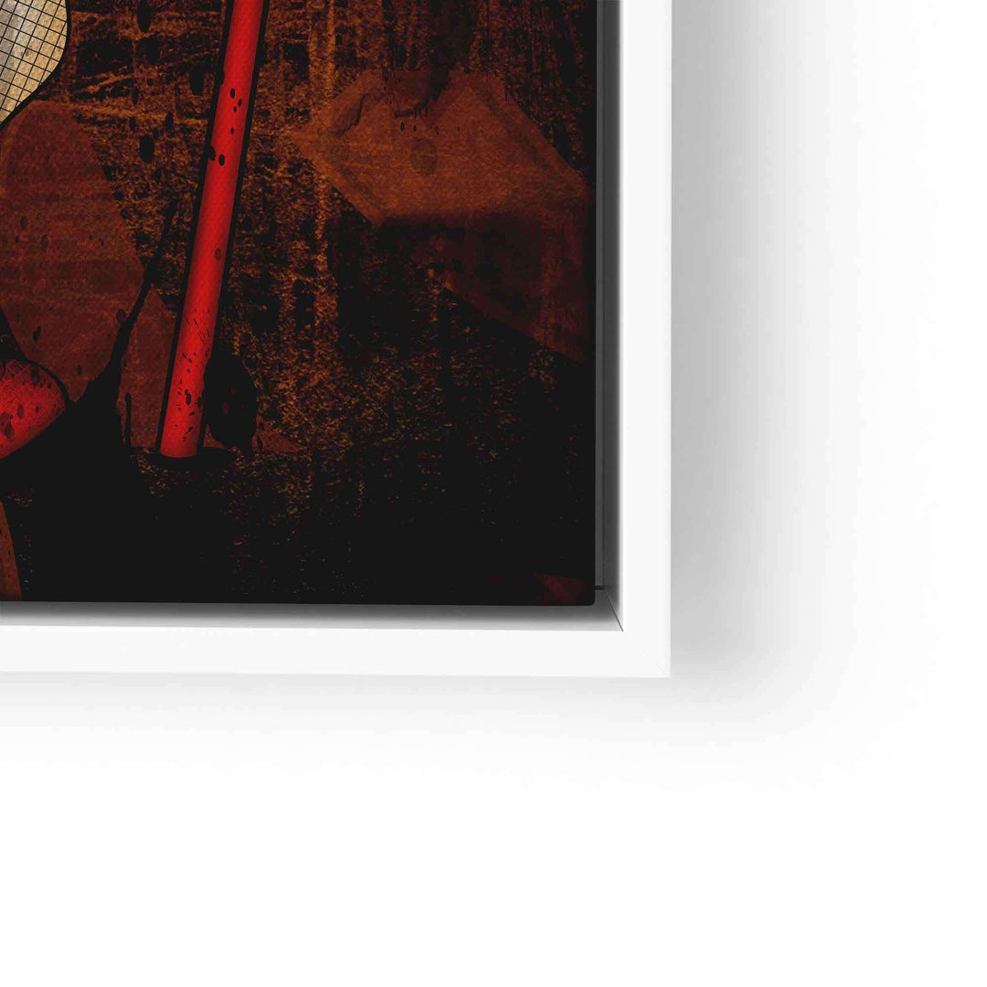 Detail eines modernen Wandbilds mit düsterem Pop Art Teufel-Motiv, rote Akzentfarben