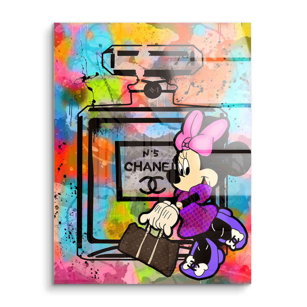 Buntes Pop Art Wandbild mit Comic-Maus vor Chanel Parfümflakon, Acryloptik