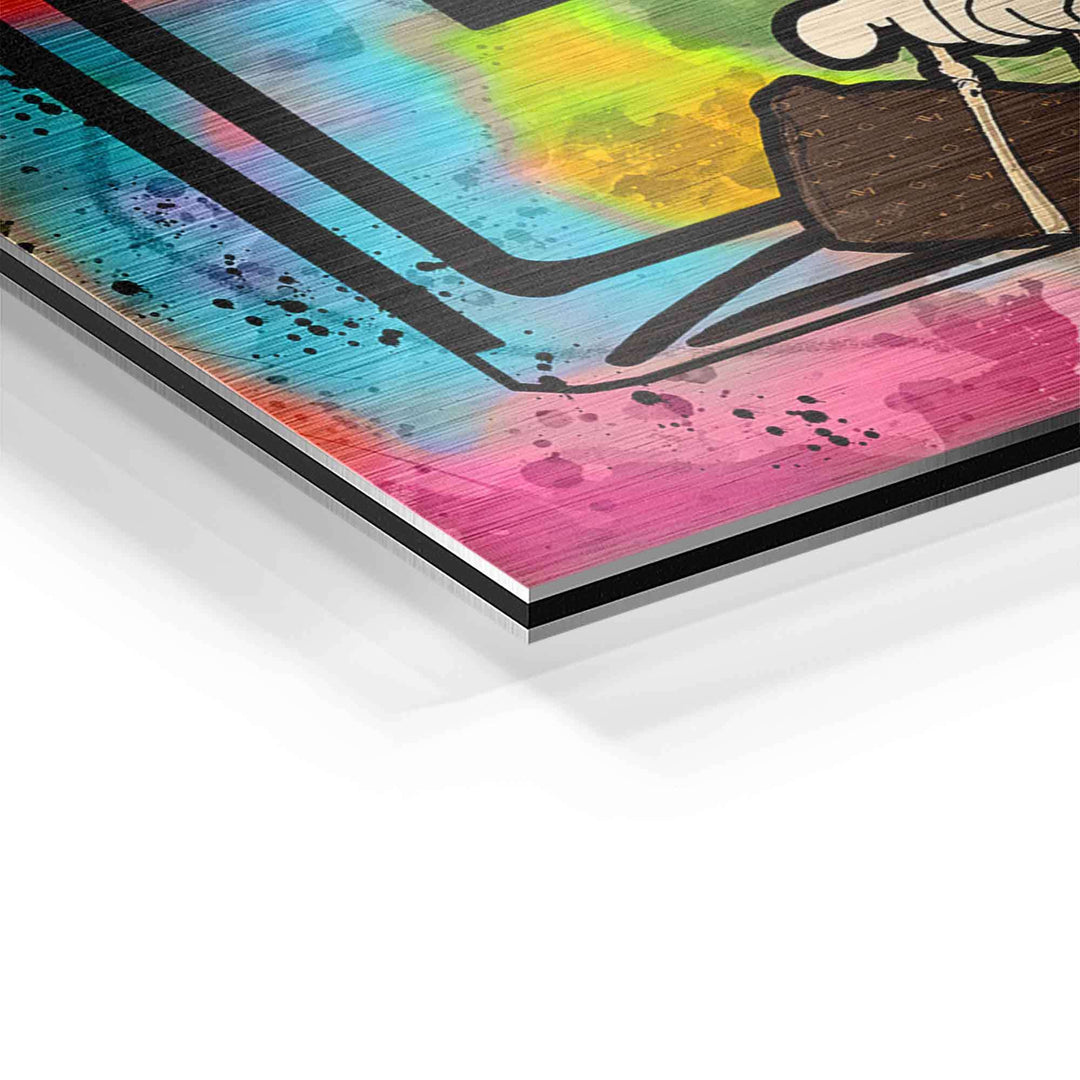 Detailansicht buntes Pop Art Wandbild auf Aluminium mit Comic-Figur und Farbverlauf