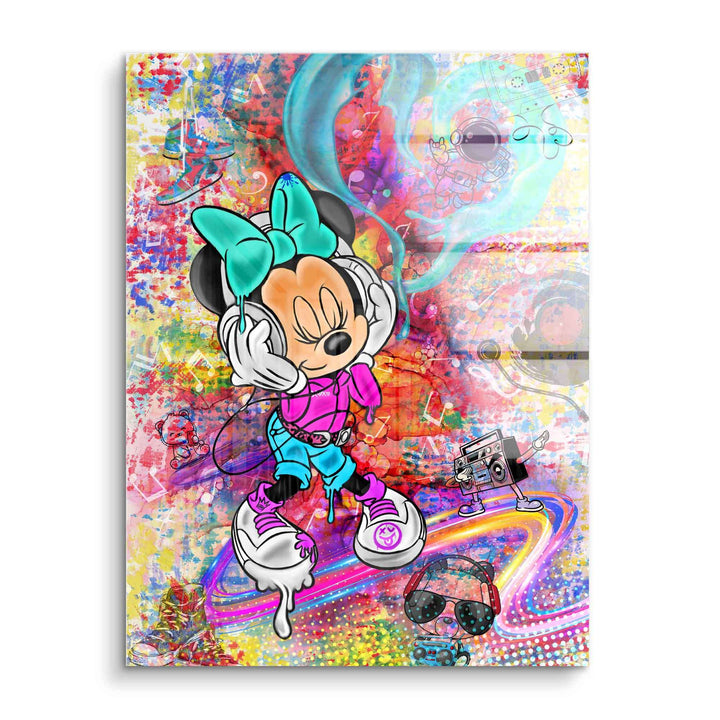 Pop Art Wandbild mit Comic-Maus, Kopfhörer, bunter Graffiti-Hintergrund, Musik-Motiven