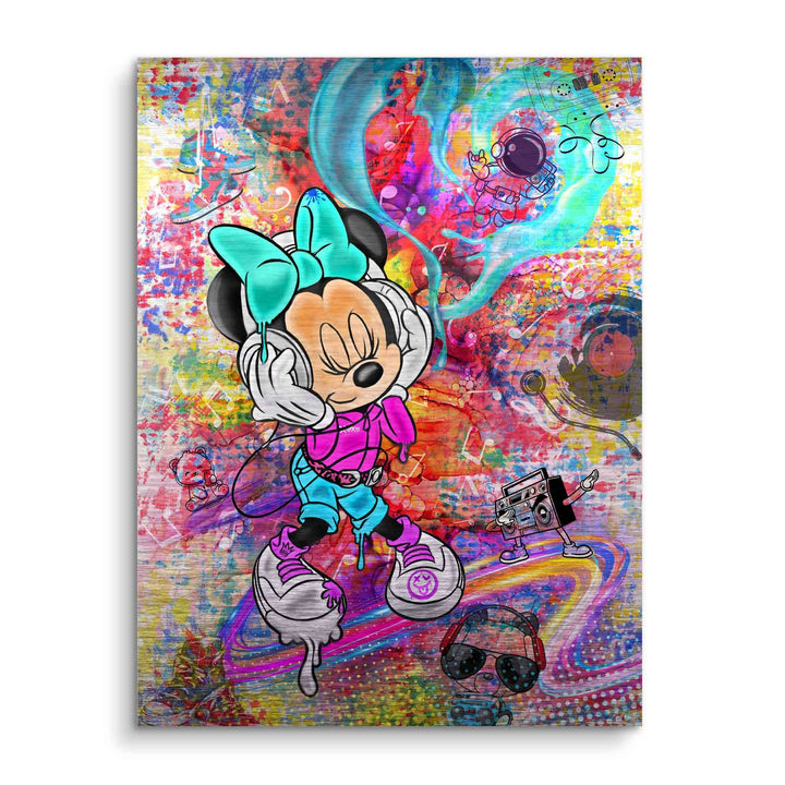 Pop Art Wandbild mit Comic-Maus, Kopfhörern, Musikmotiven und buntem Hintergrund
