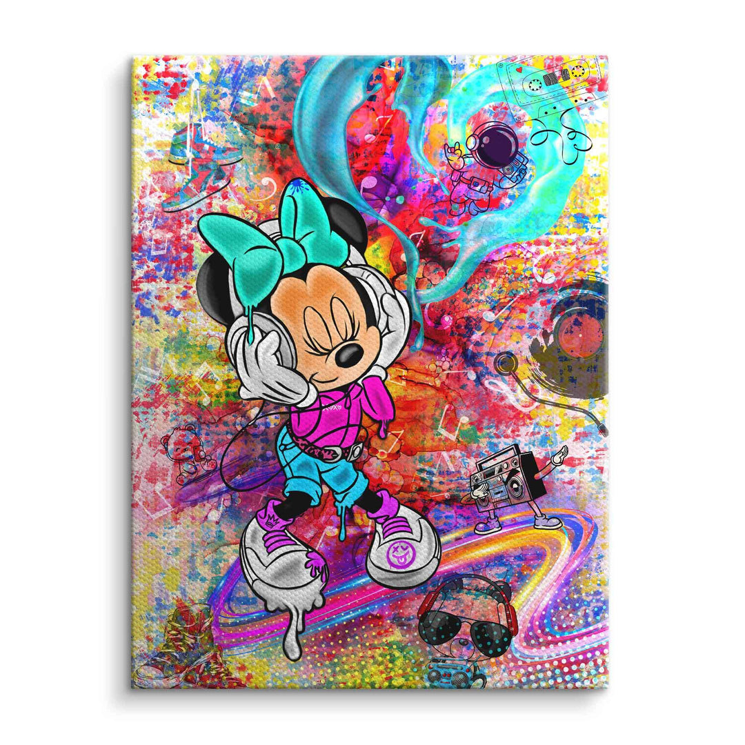 Pop Art Wandbild mit Comic-Maus, die Musik hört, bunte Graffiti- und Retro-Elemente