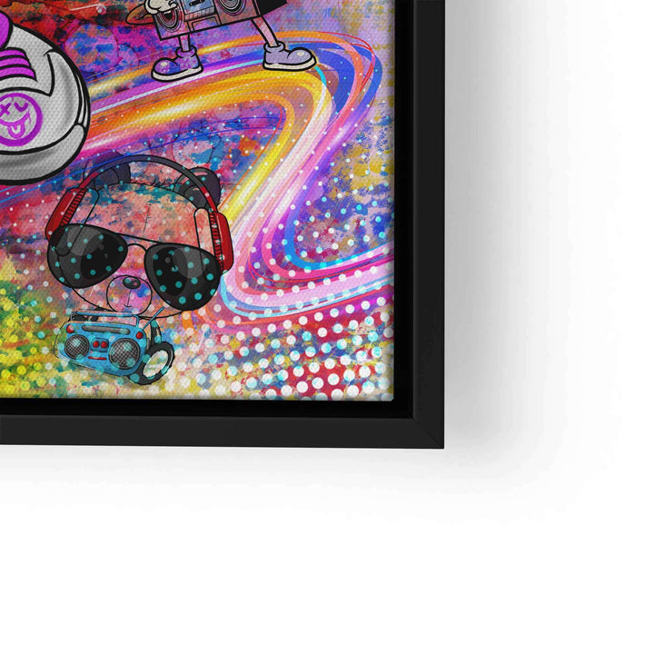 Pop Art Wandbild: Comic-Maus mit Kopfhörern, Sonnenbrille und Musik-Elementen, bunte Farben