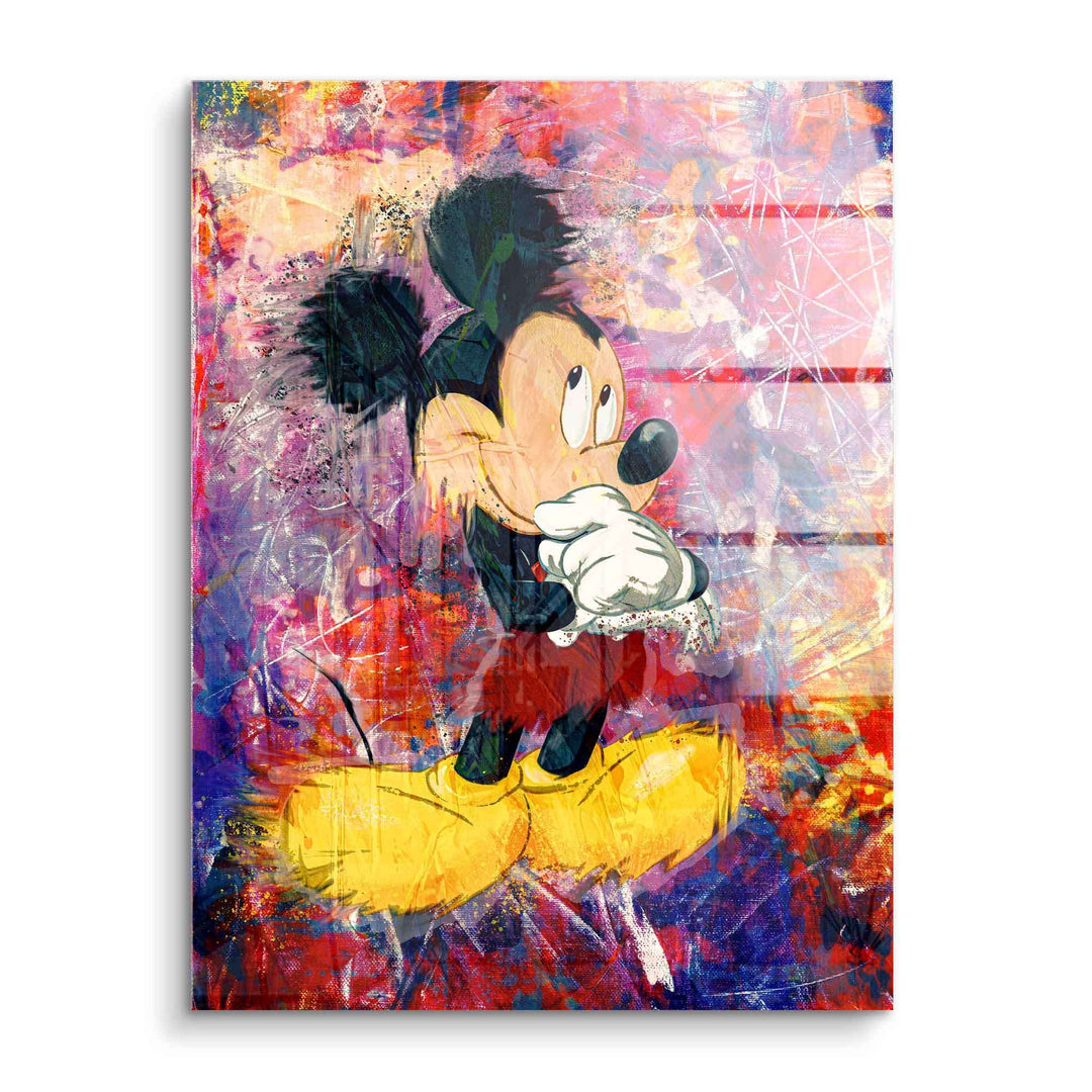 Buntes Acryl-Wandbild mit Micky Maus im Pop Art Comic Stil, abstrakter Hintergrund
