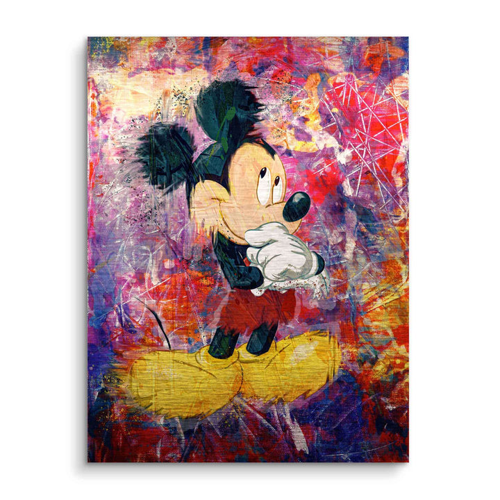 Buntes Wandbild mit Comicfigur im Pop Art Stil vor abstraktem, farbenfrohem Hintergrund