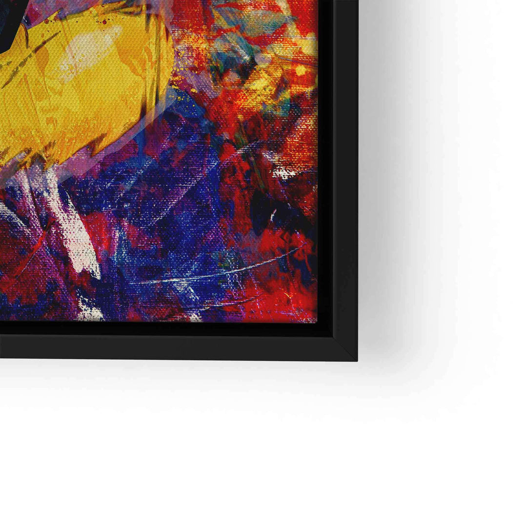 Detailansicht eines bunten Pop Art Wandbilds mit abstrakten Farben und schwarzem Rahmen
