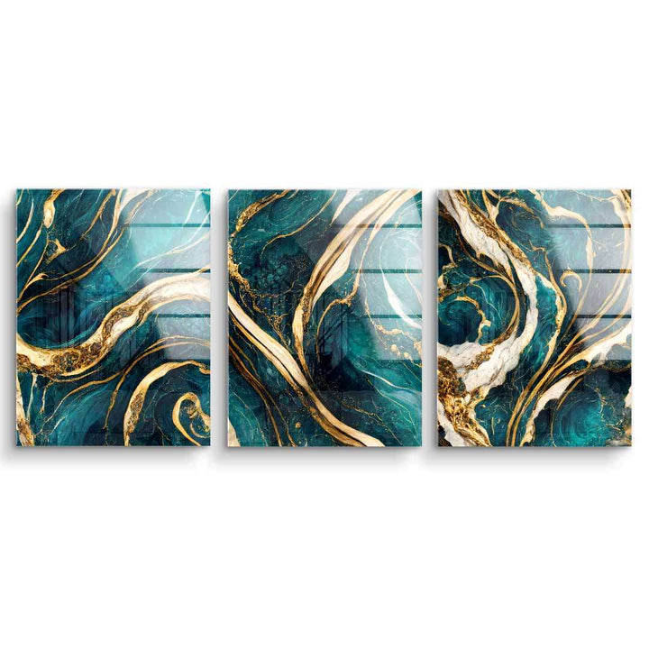 Abstraktes Wandbild in Gold und Petrol, modernes Acrylgemälde mit marmoriertem Muster