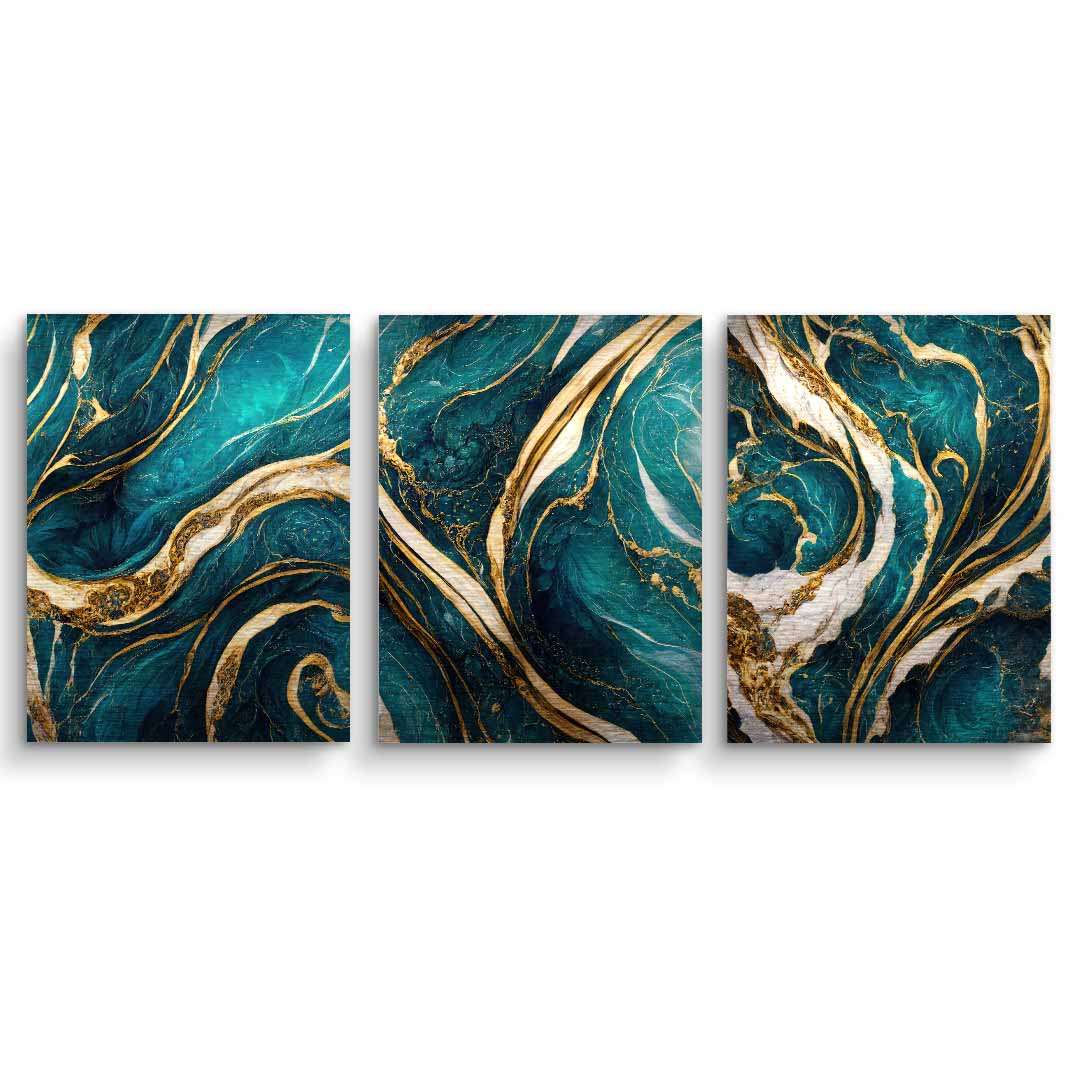 Modernes Wandbild mit abstraktem Muster in Gold und Petrol auf drei Leinwänden