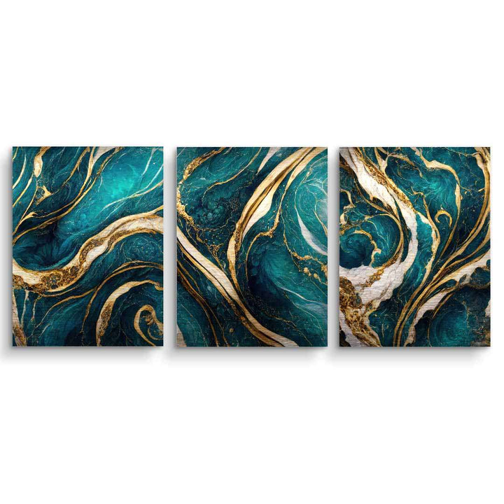 Modernes Wandbild mit abstraktem Muster in Gold und Petrol auf drei Leinwänden