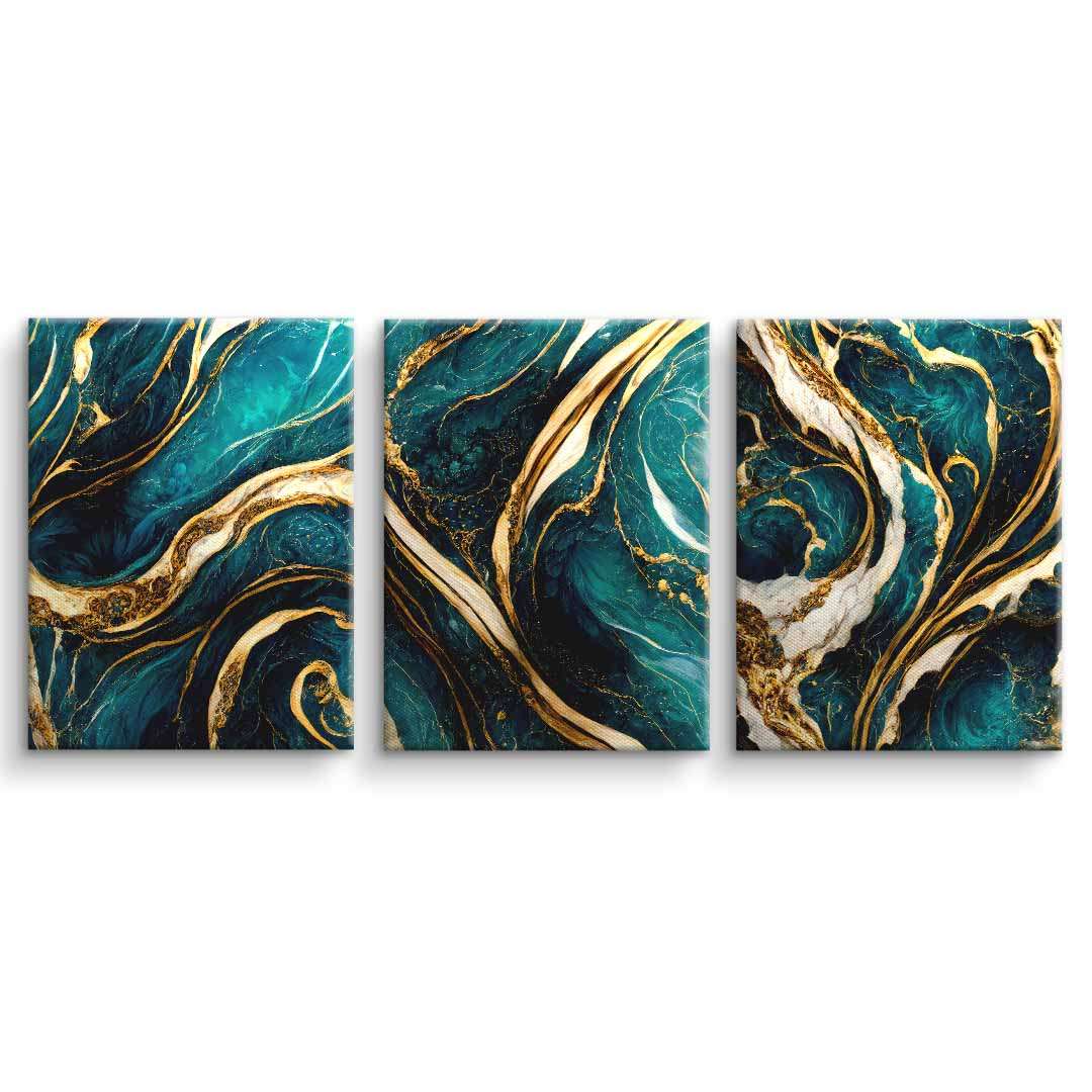 Abstraktes Wandbild Triptychon mit goldenen und petrolfarbenen Mustern auf Leinwand
