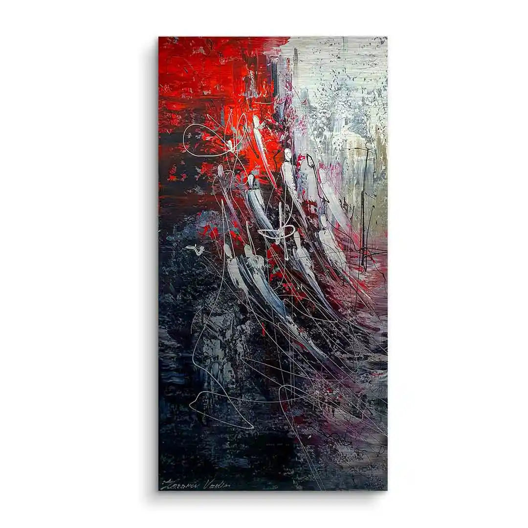 Abstraktes Wandbild mit roten, weißen und schwarzen Farbstrukturen auf Leinwand