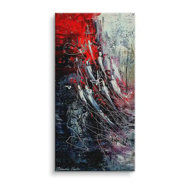 Abstraktes Wandbild mit roten, weißen und schwarzen Farbakzenten auf Leinwand