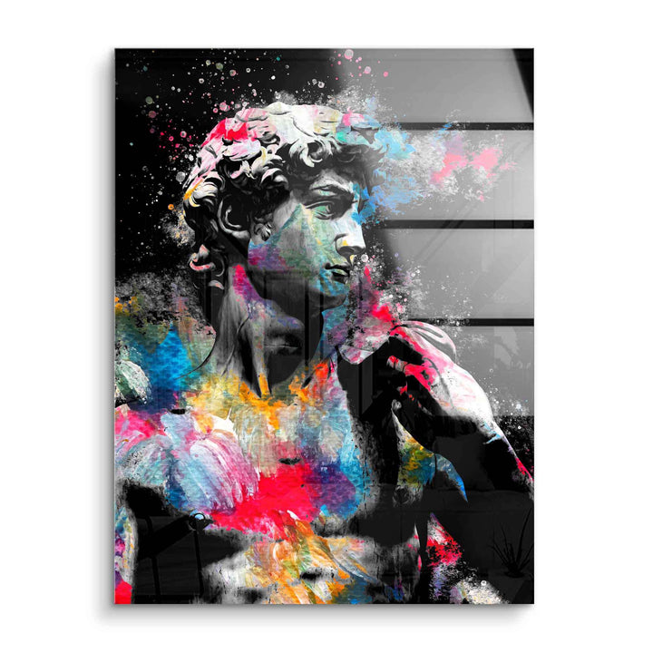 Wandbild mit bunter David-Statue, Acrylglas, Pop Art Stil, schwarze Hintergrund, moderne Kunst